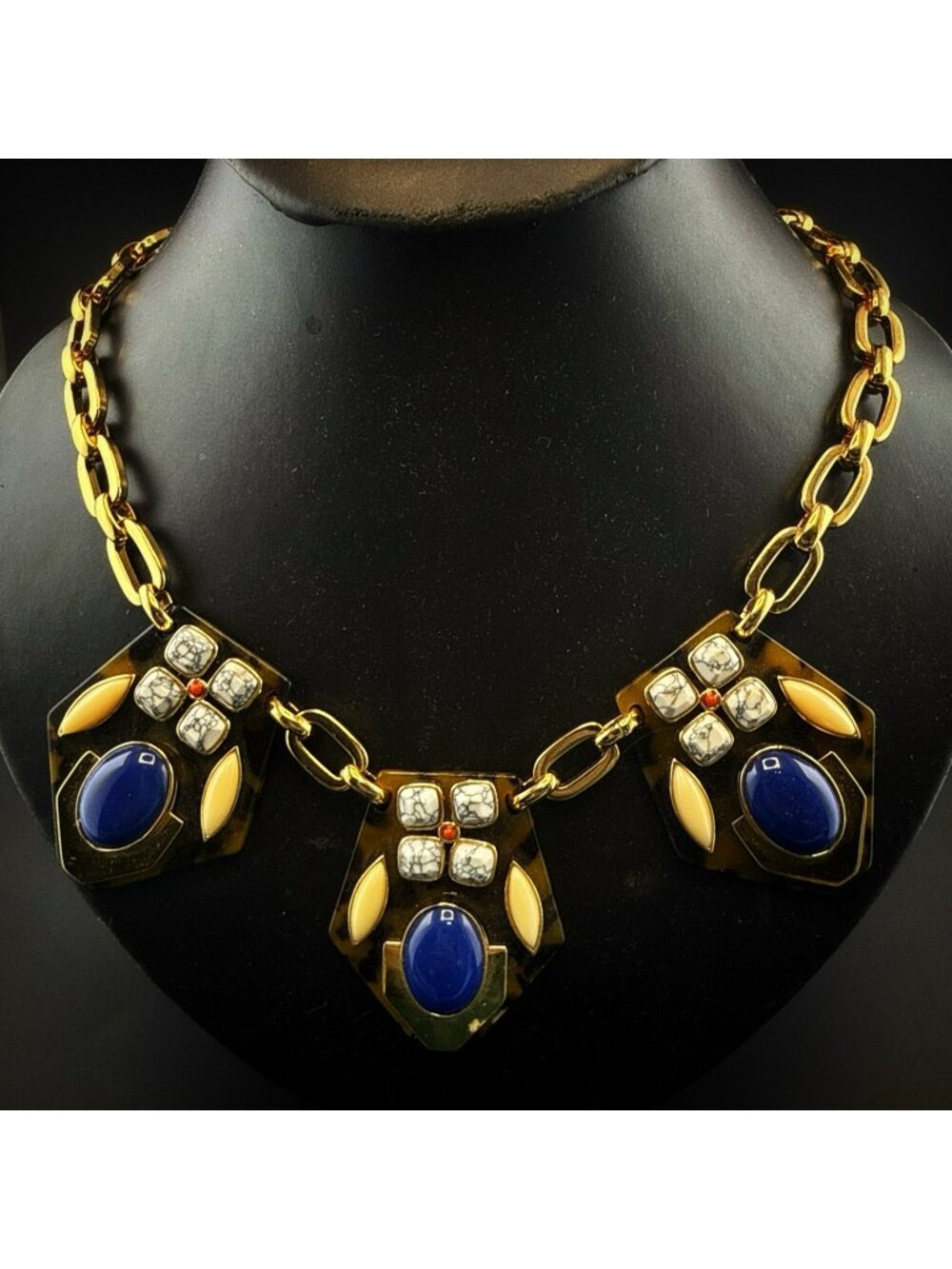 J Crew Necklace Art Deco 2012 Jenna Lyons Era Faux Tortoiseshell Lucite Blue